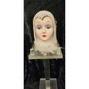 Seymour Mann Ceramic Doll Head Beaded Hair Clear Acrylic Stand Jewelry Necklaces